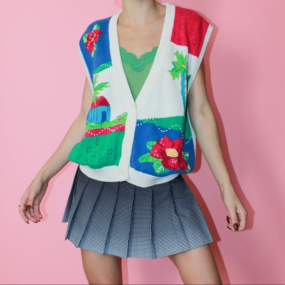 VTG 90s Colorful Crochet Tropical Motif Chunky Cotton Knit Sweater Vest - Large - Picture 3 of 10